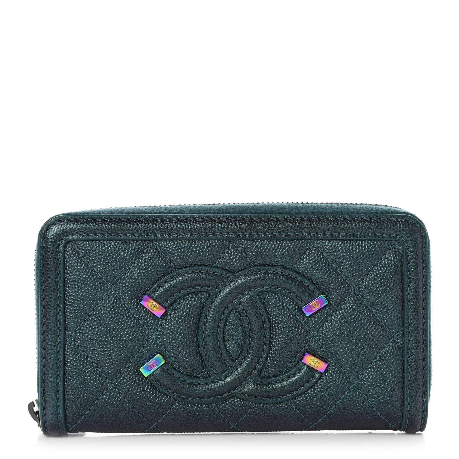 Chanel Iridescent Caviar Quilted Medium Filigree Zip Around Wallet Dark Turquoise 1 of 8