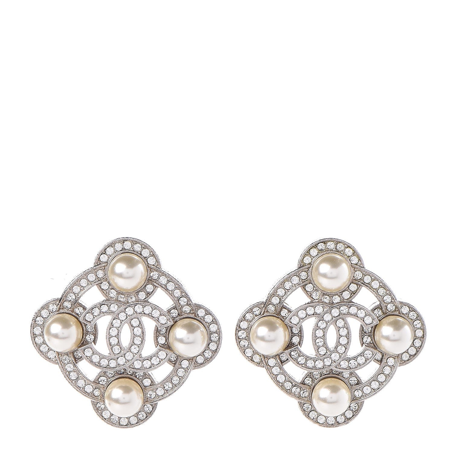 Chanel Pearl Crystal CC Earrings Silver 1 of 5