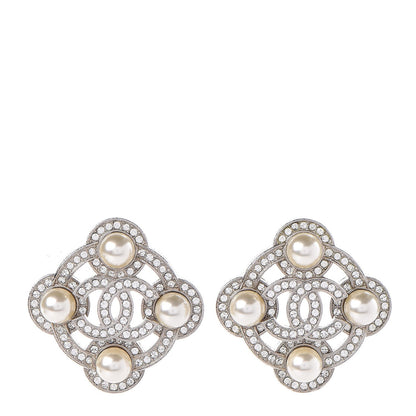 Chanel Pearl Crystal CC Earrings Silver 1 of 5