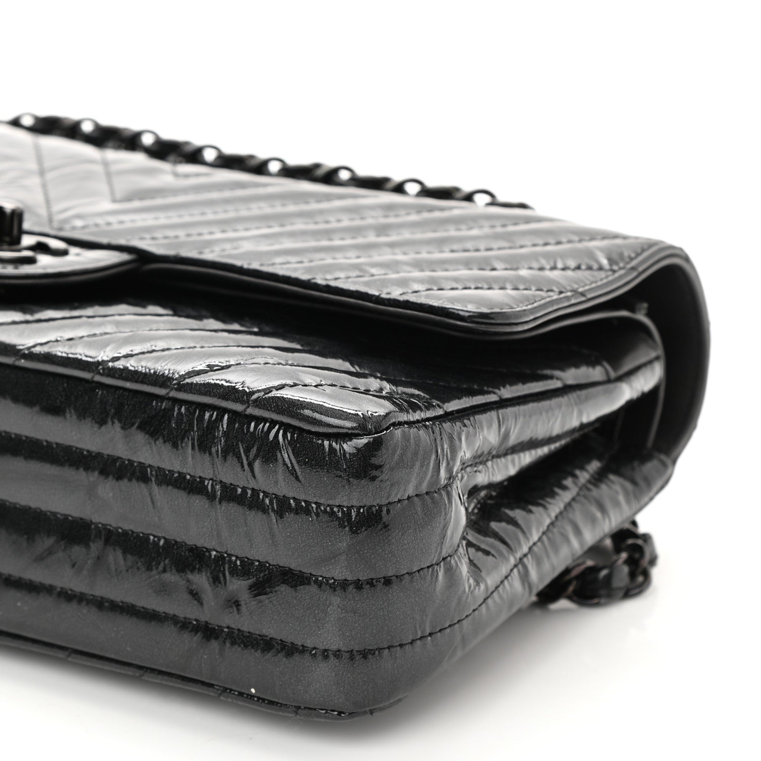 Chanel Metallic Patent Crumpled Calfskin Chevron Quilted Medium Double Flap So Black 10 of 11
