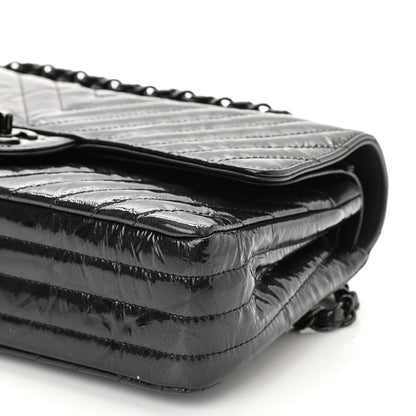 Chanel Metallic Patent Crumpled Calfskin Chevron Quilted Medium Double Flap So Black 10 of 11