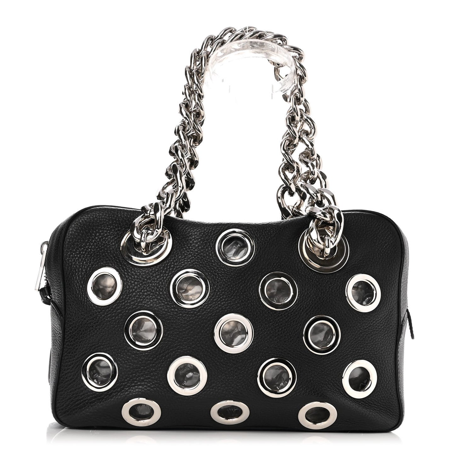Vitello Daino Grommet Chain Satchel Bag Black