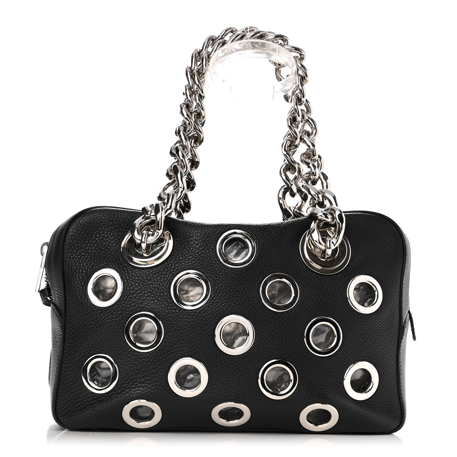 Prada Vitello Daino Grommet Chain Satchel Bag Black 2 of 11