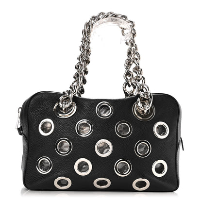 Prada Vitello Daino Grommet Chain Satchel Bag Black 2 of 11
