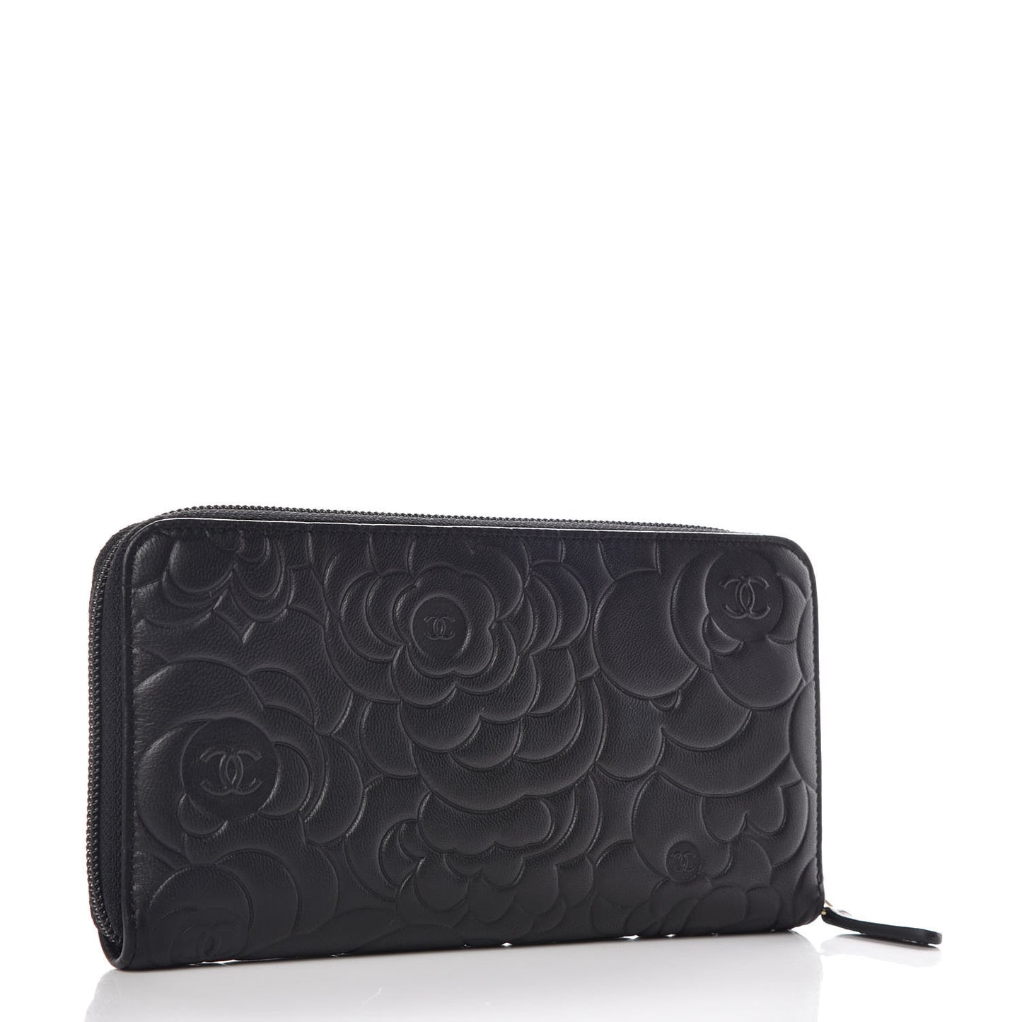 Lambskin Camellia Embossed Large Zip Around Gusset Wallet Black