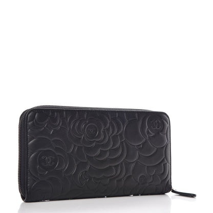 Chanel Lambskin Camellia Embossed Large Zip Around Gusset Wallet Black 3 of 11