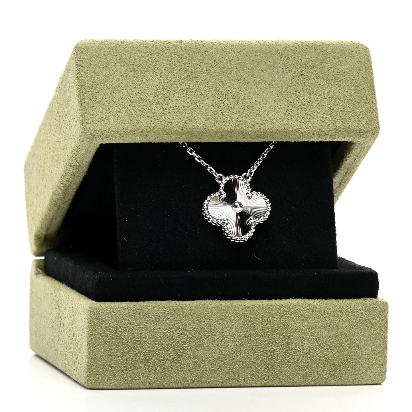 18K White Gold Guilloche Vintage Alhambra Pendant Necklace