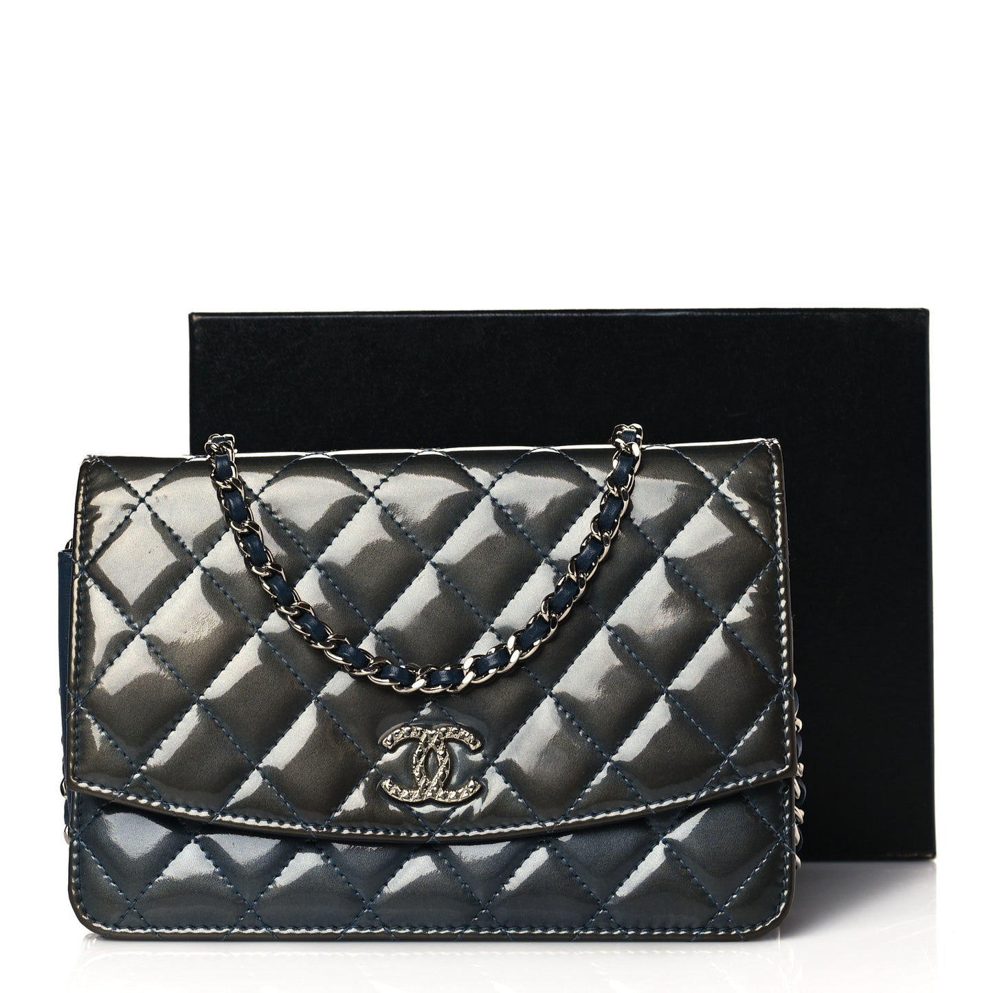 Patent Quilted Brilliant Wallet On Chain WOC Blue