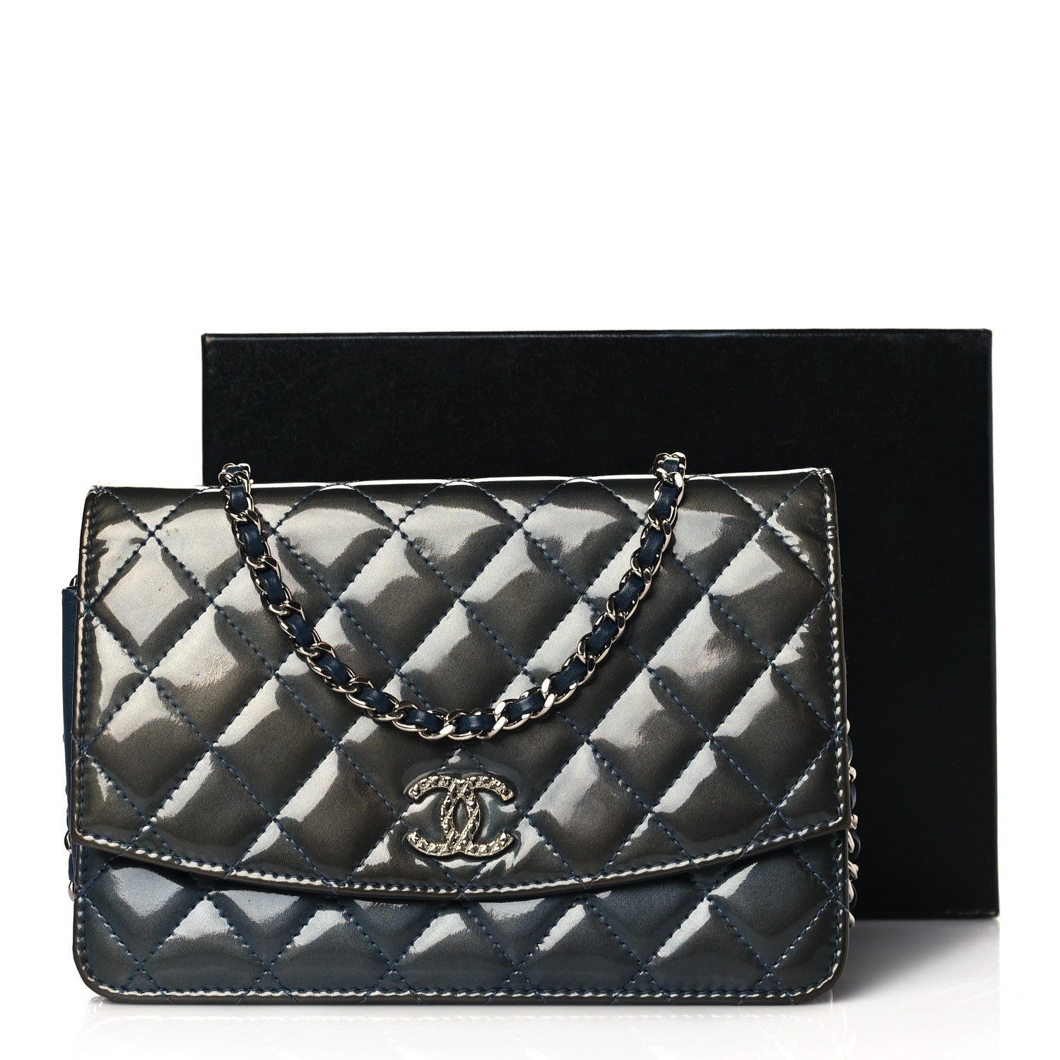 Chanel Patent Quilted Brilliant Wallet On Chain WOC Blue 14 of 14