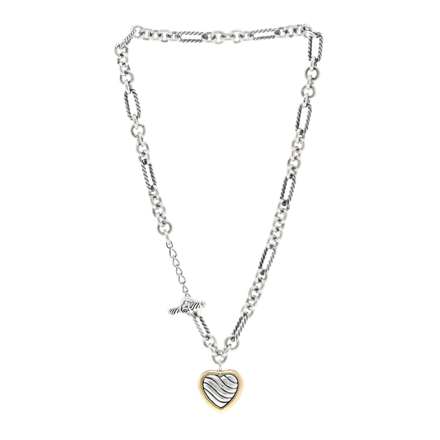 David Yurman Sterling Silver 18K Yellow Gold Cable Heart Figaro Necklace 3 of 5