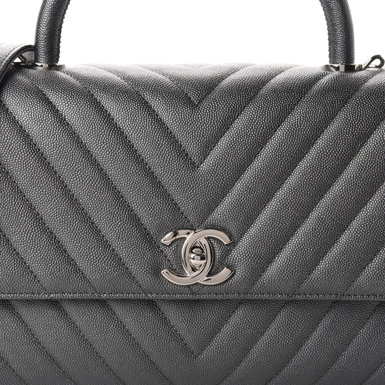 Chanel Metallic Caviar Chevron Quilted Small Coco Handle Flap Dark Silver 10 of 10