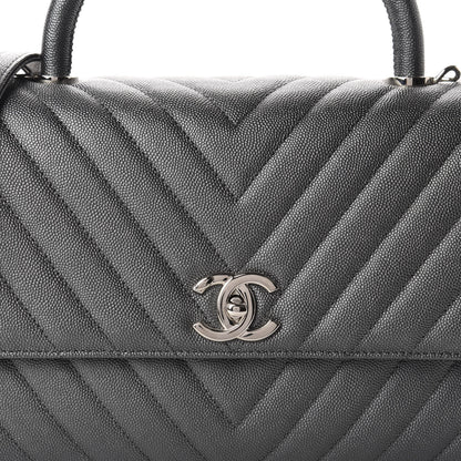 Chanel Metallic Caviar Chevron Quilted Small Coco Handle Flap Dark Silver 10 of 10