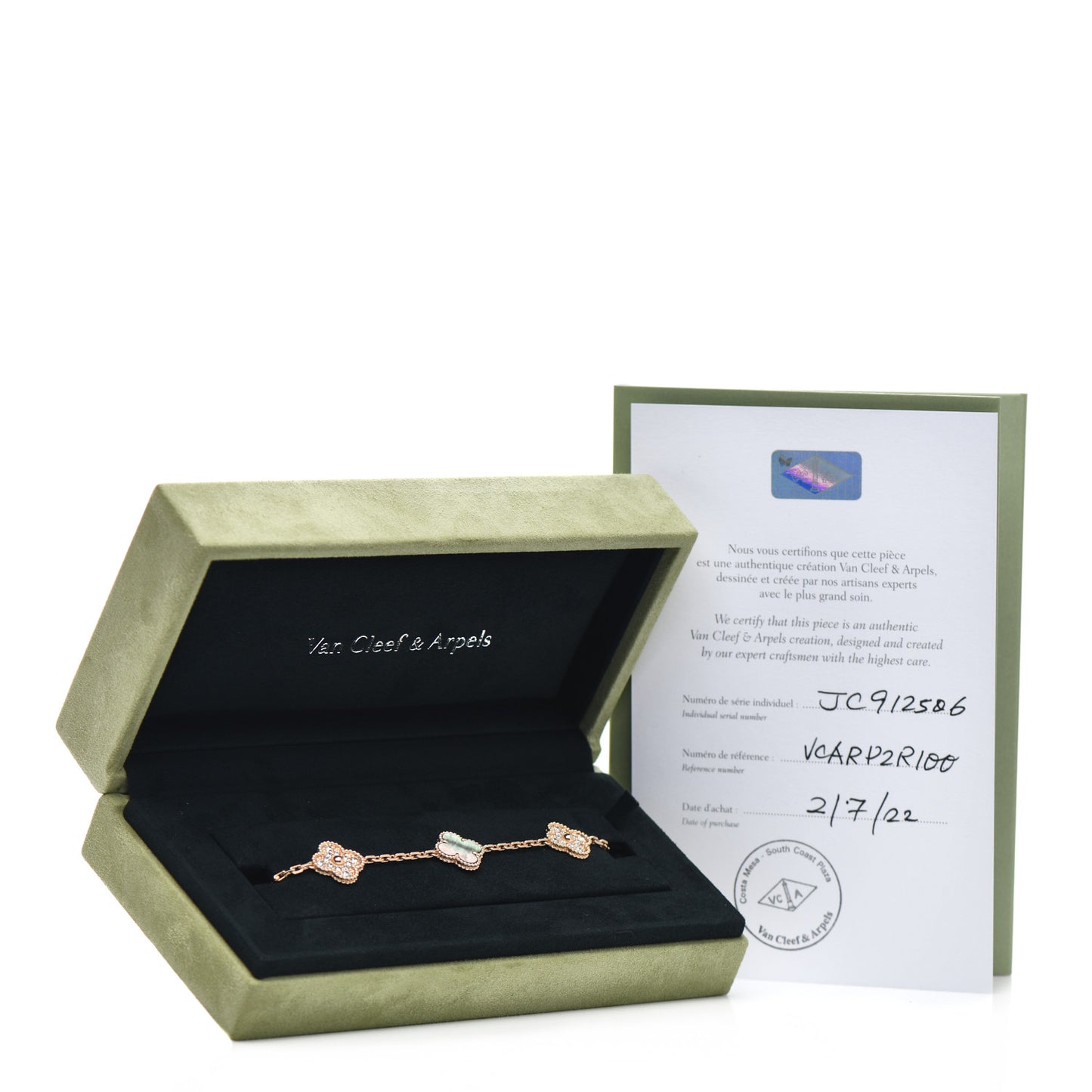 18K Rose Gold Diamond Gray Mother of Pearl 5 Motifs Vintage Alhambra Bracelet