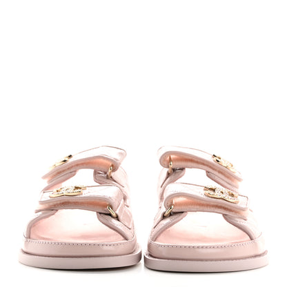 Chanel Shiny Calfskin Quilted Velcro Dad Crystal CC Slide Sandals 37 Light Pink 3 of 10