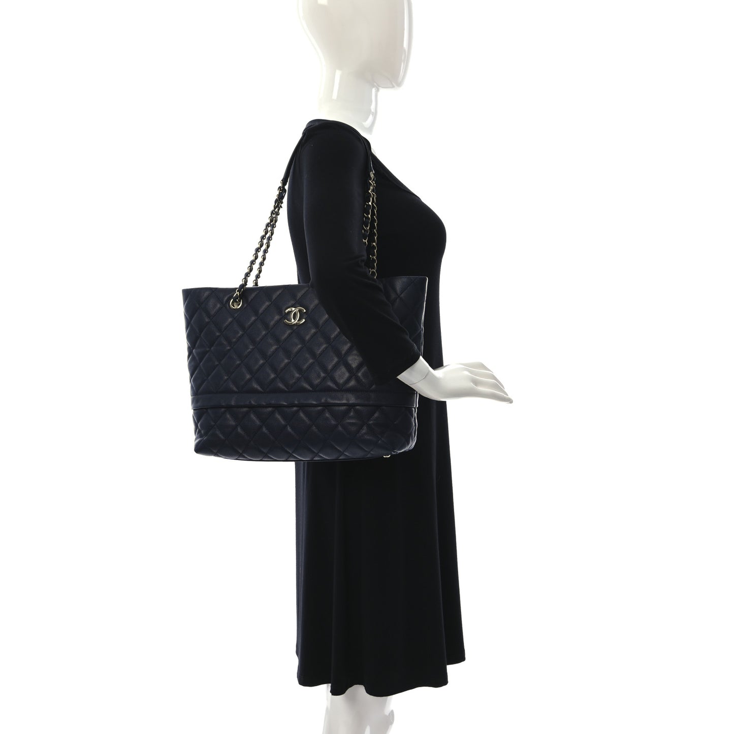 Caviar Quilted Small Zipped Shopping Tote Navy Blue