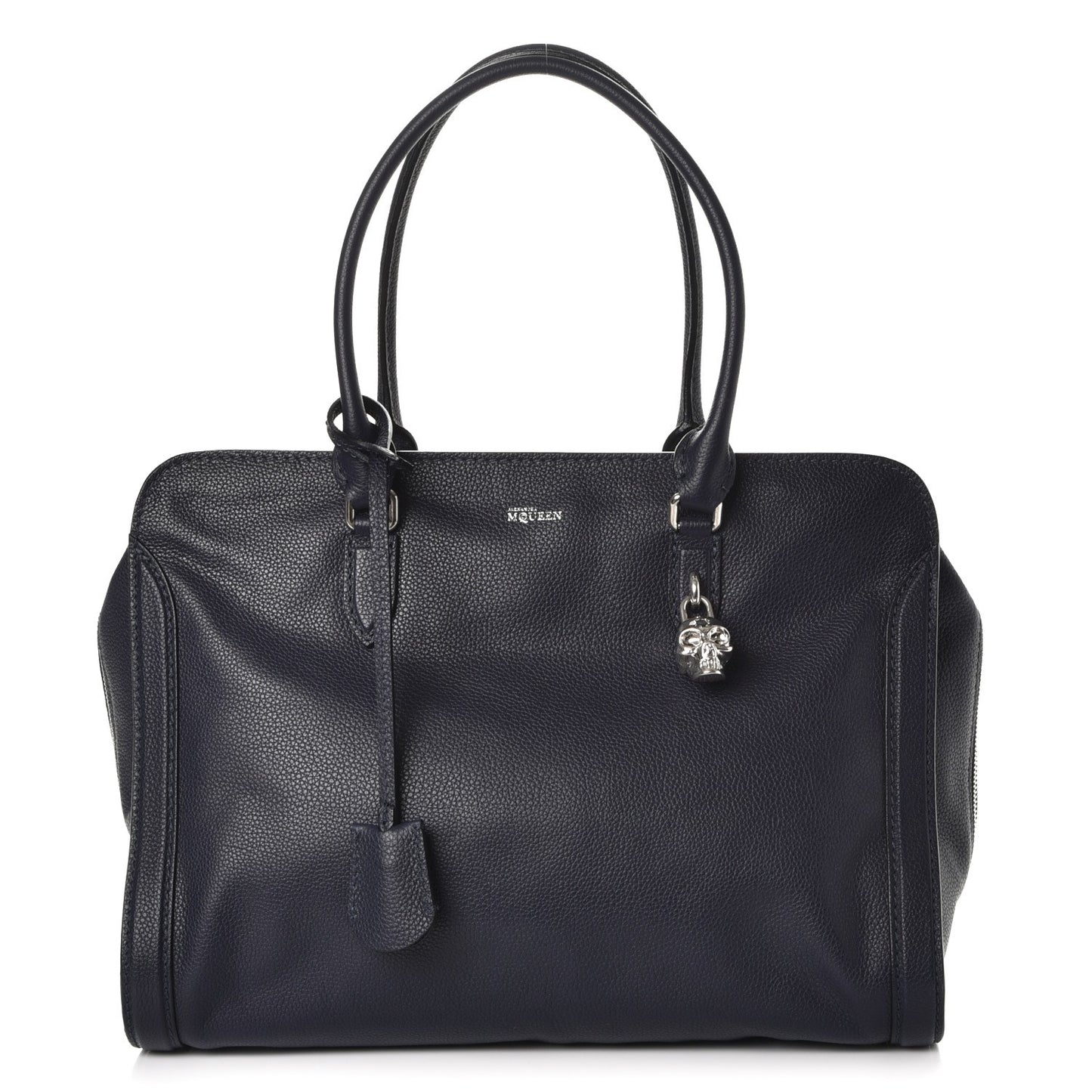 Pebbled Calfskin Large Skull Padlock Zip Around Tote Navy