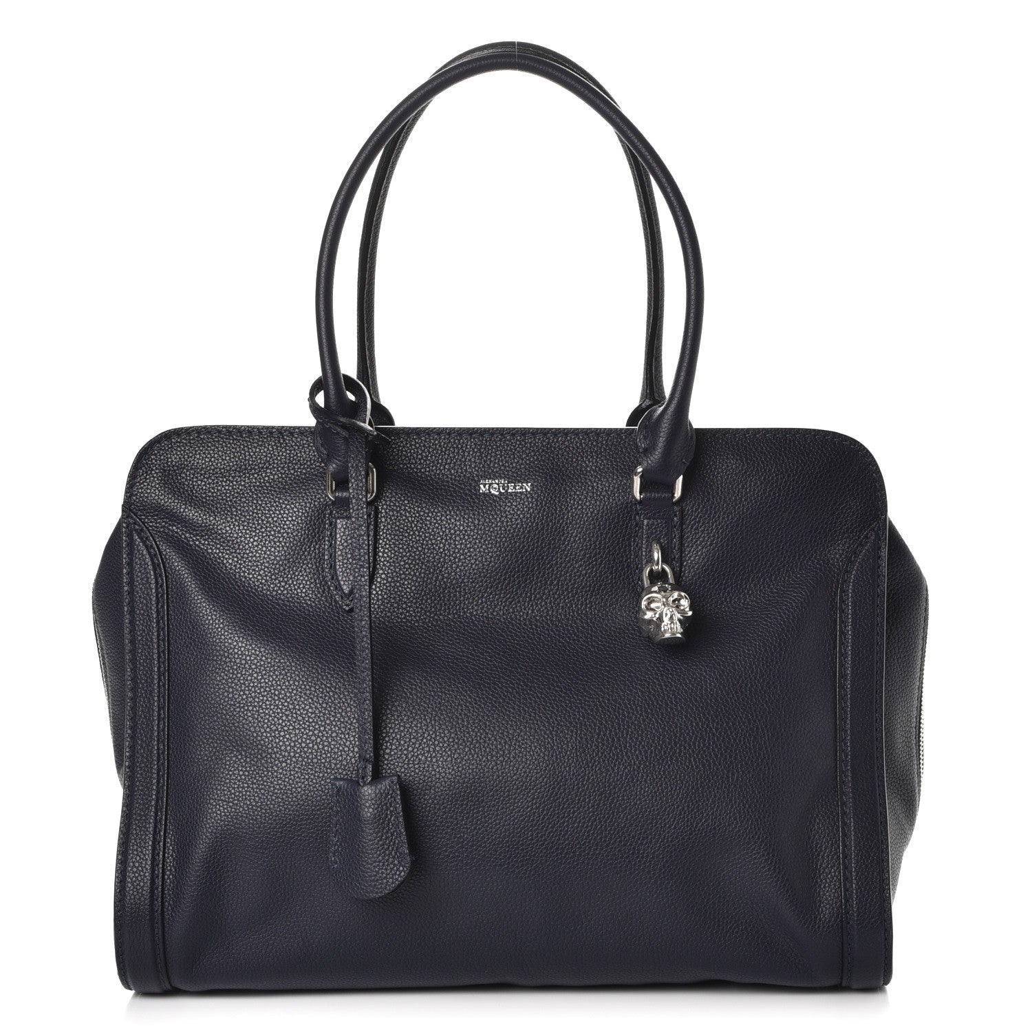 Alexander McQueen Pebbled Calfskin Large Skull Padlock Zip Around Tote Navy 1 of 7