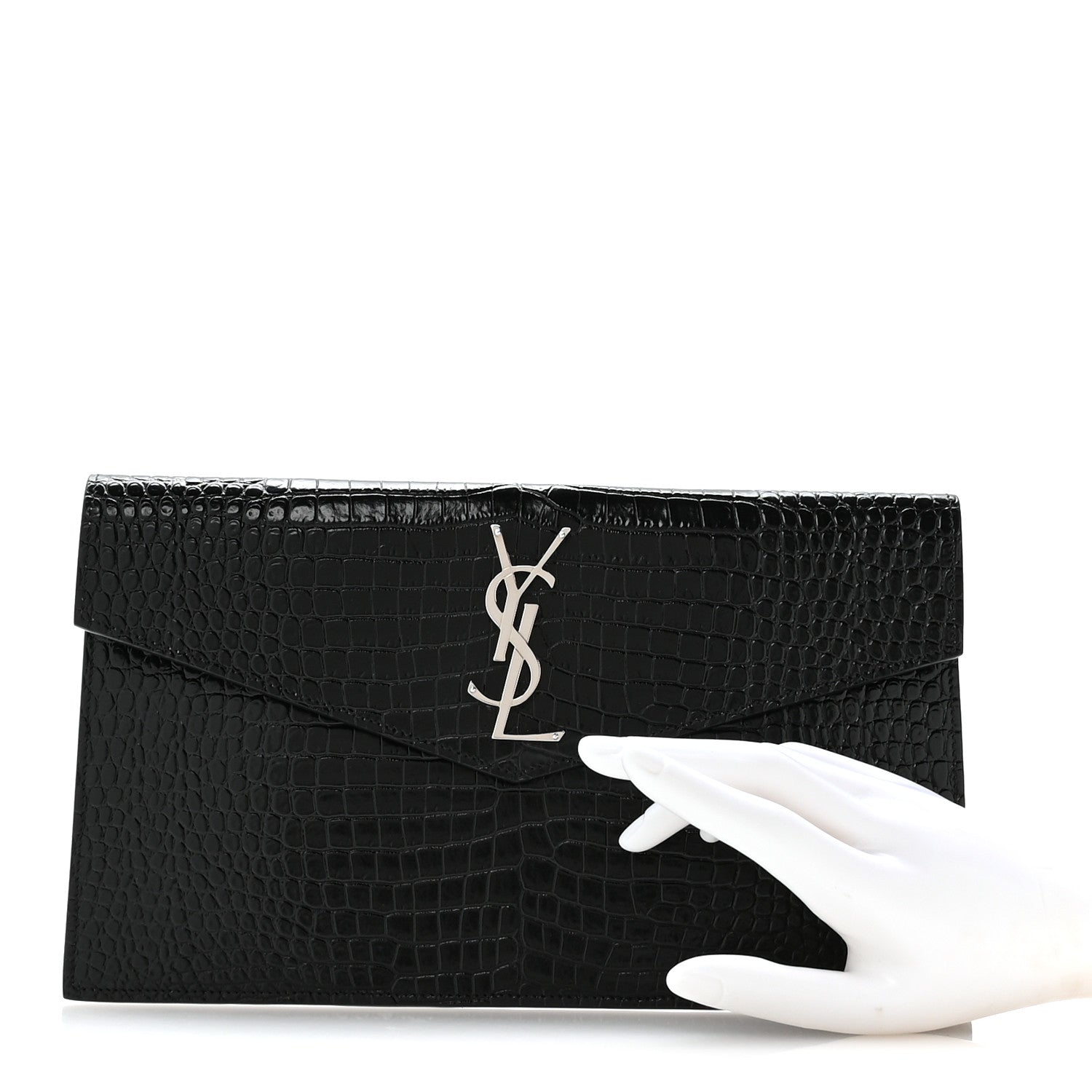 Saint Laurent Calfskin Crocodile Embossed Uptown Monogram Pouch Black 2 of 8