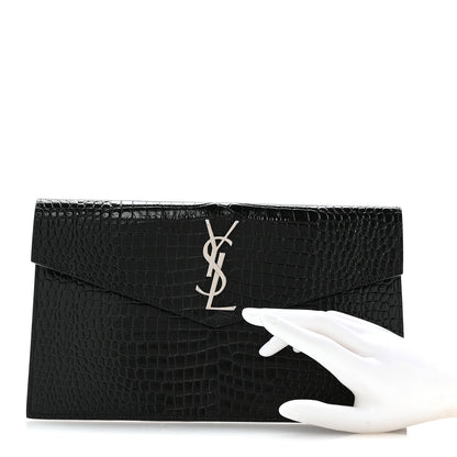 Saint Laurent Calfskin Crocodile Embossed Uptown Monogram Pouch Black 2 of 8