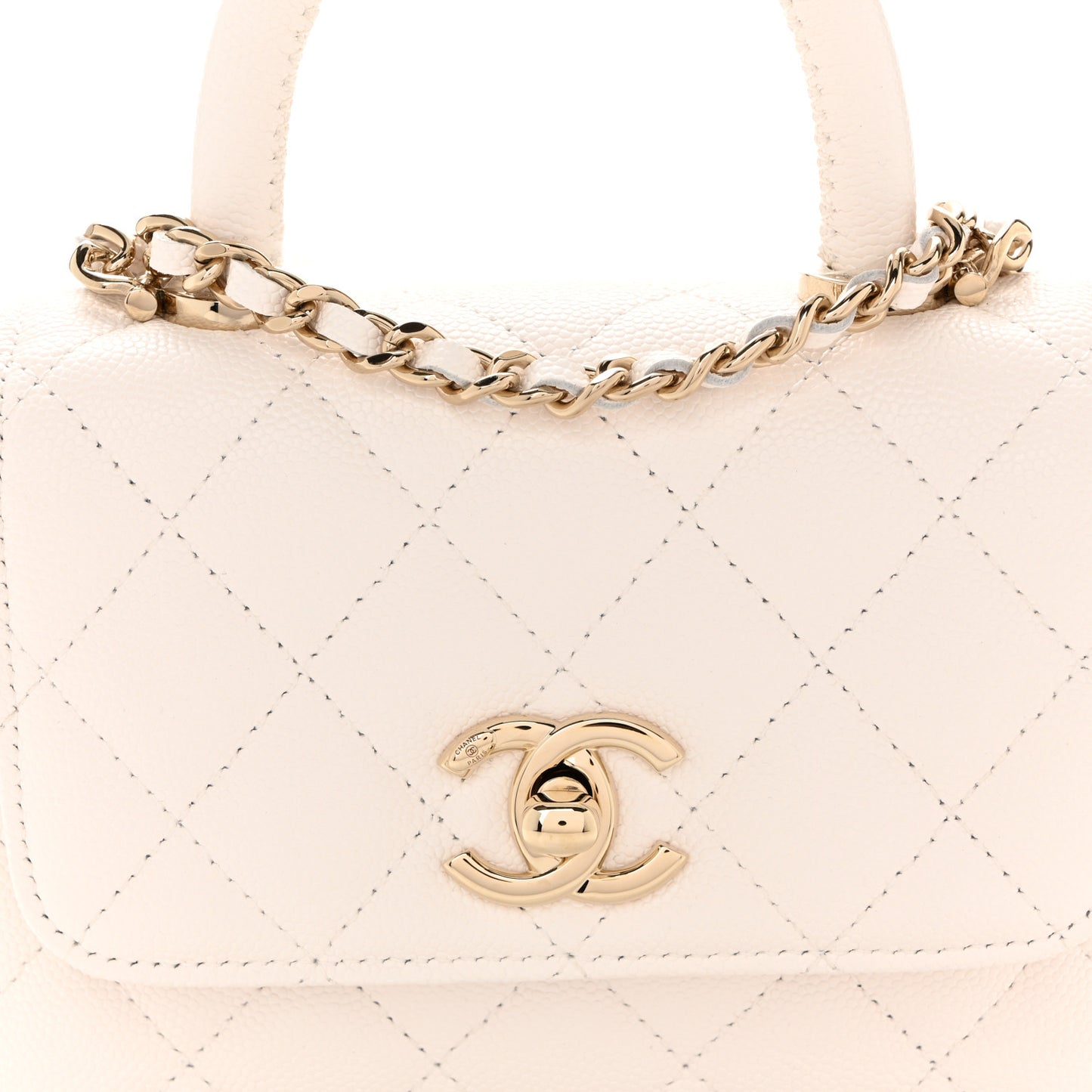 Caviar Quilted Coco Handle Clutch With Chain White