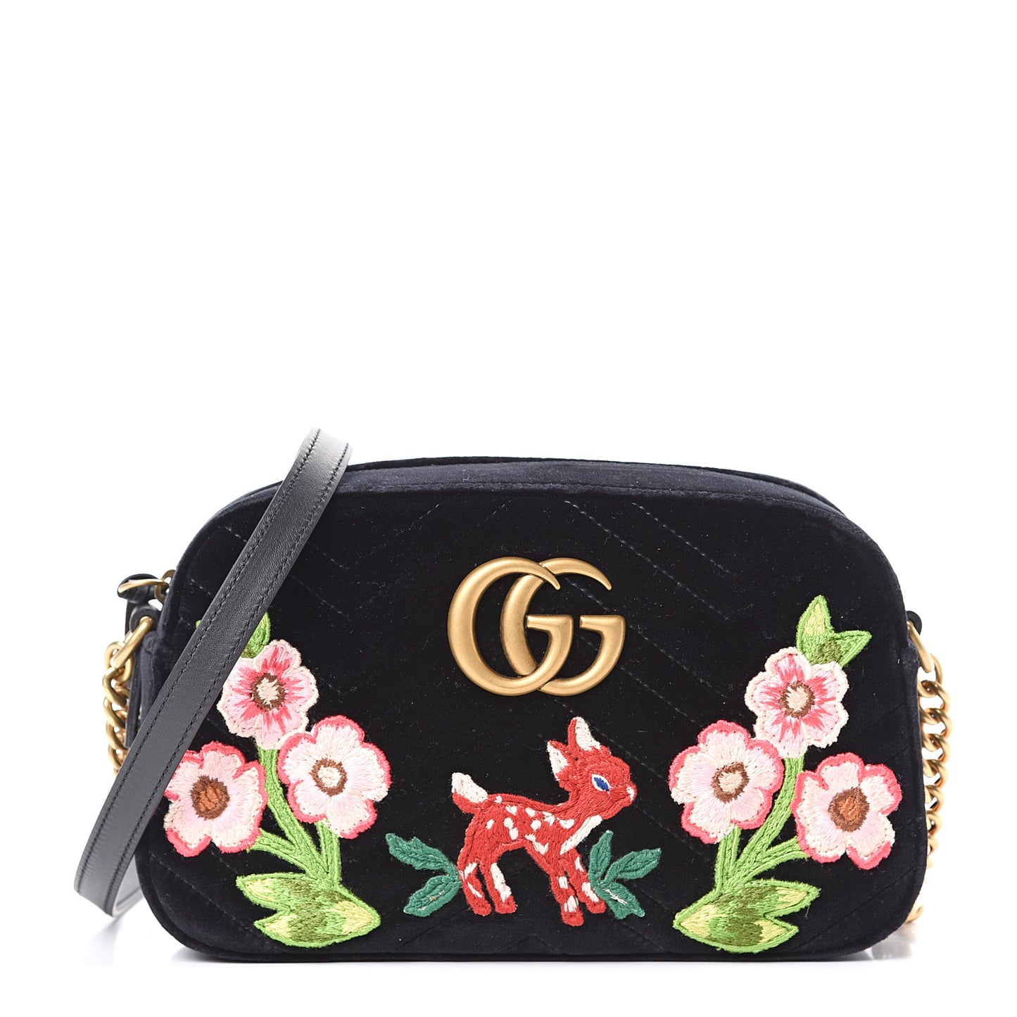 Velvet Matelasse Deer Embroidered Small GG Marmont Chain Shoulder Bag Black