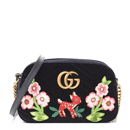 Gucci Velvet Matelasse Deer Embroidered Small GG Marmont Chain Shoulder Bag Black 1 of 9