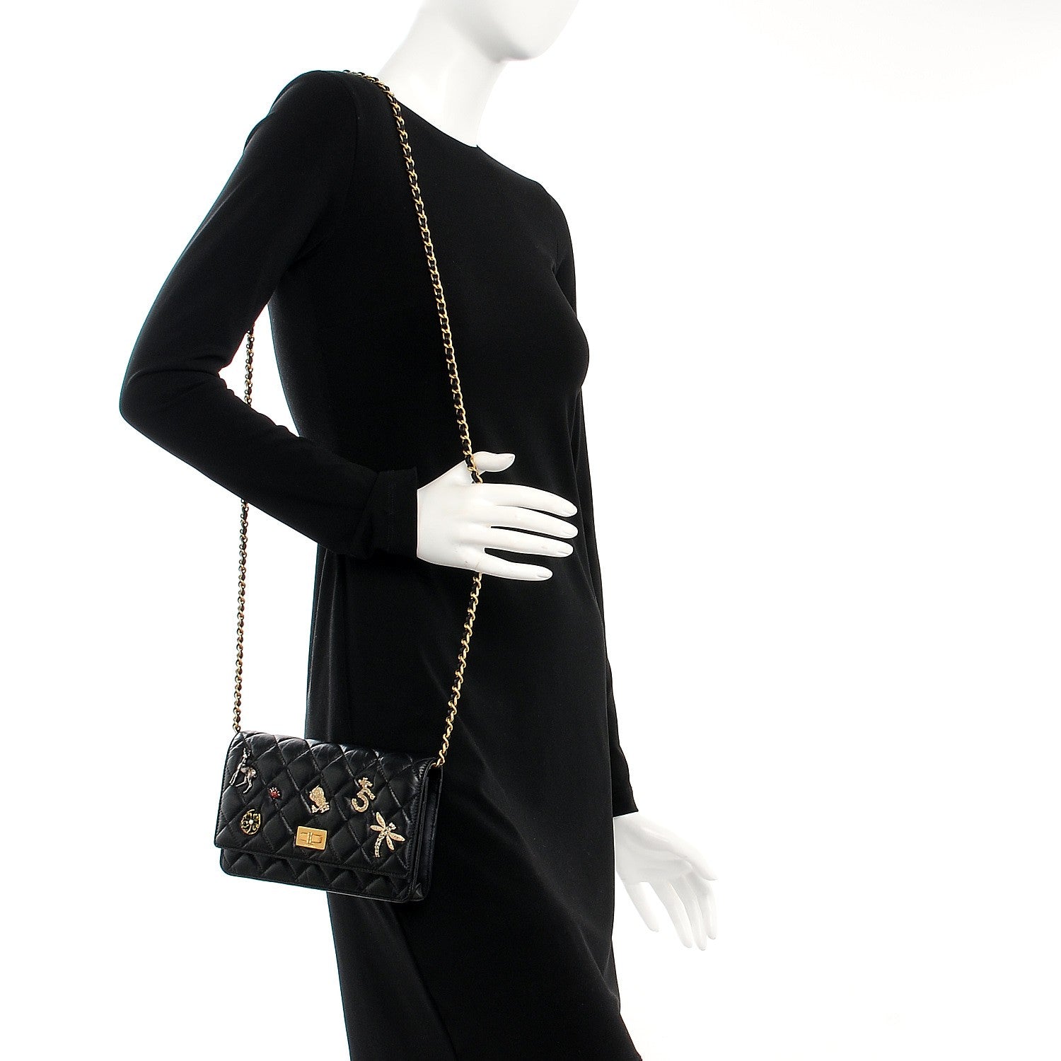 Chanel Aged Calfskin Quilted Lucky Charms 2.55 Reissue Wallet On Chain WOC Black 2 of 8