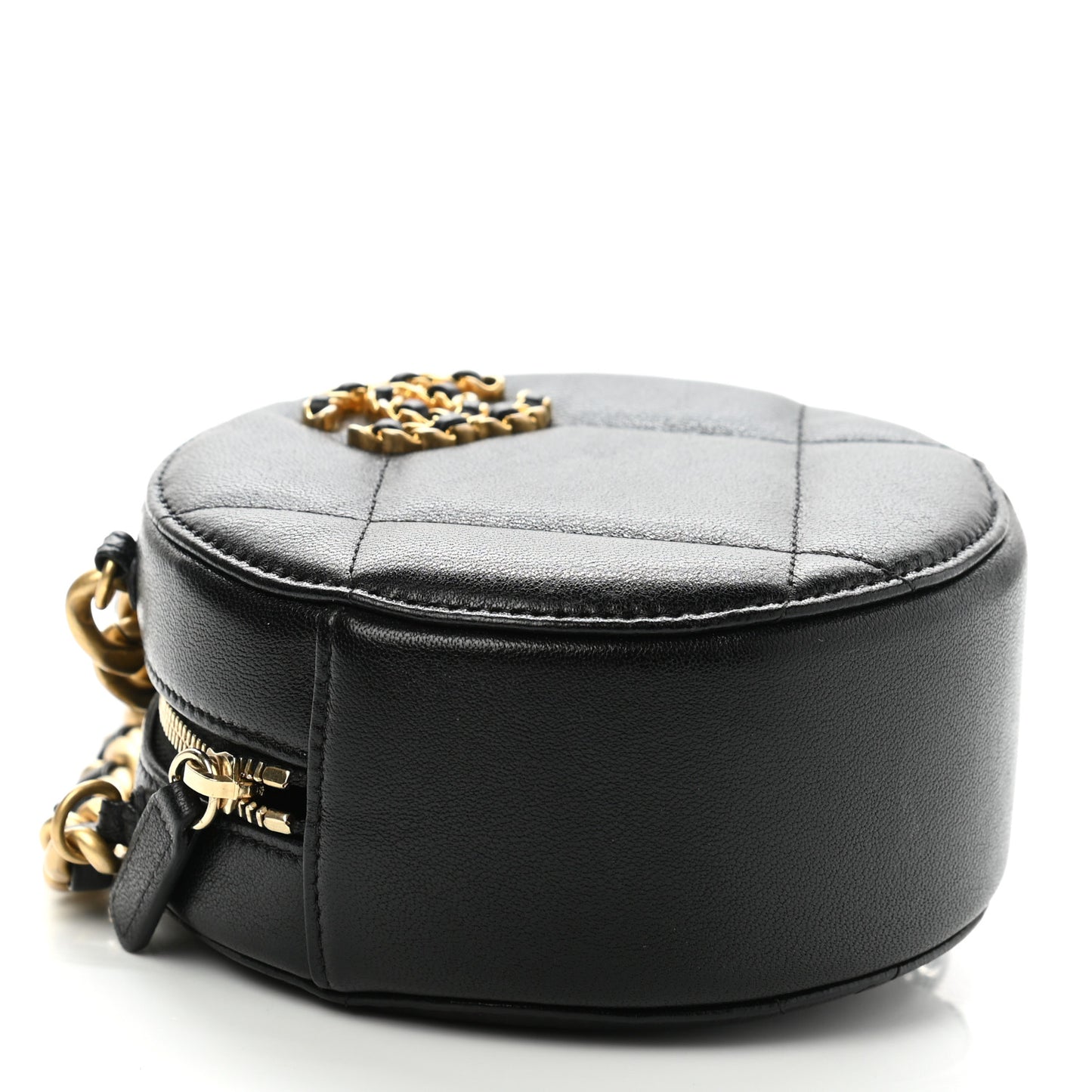 Shiny Goatskin Quilted Chanel 19 Round Clutch With Chain Black
