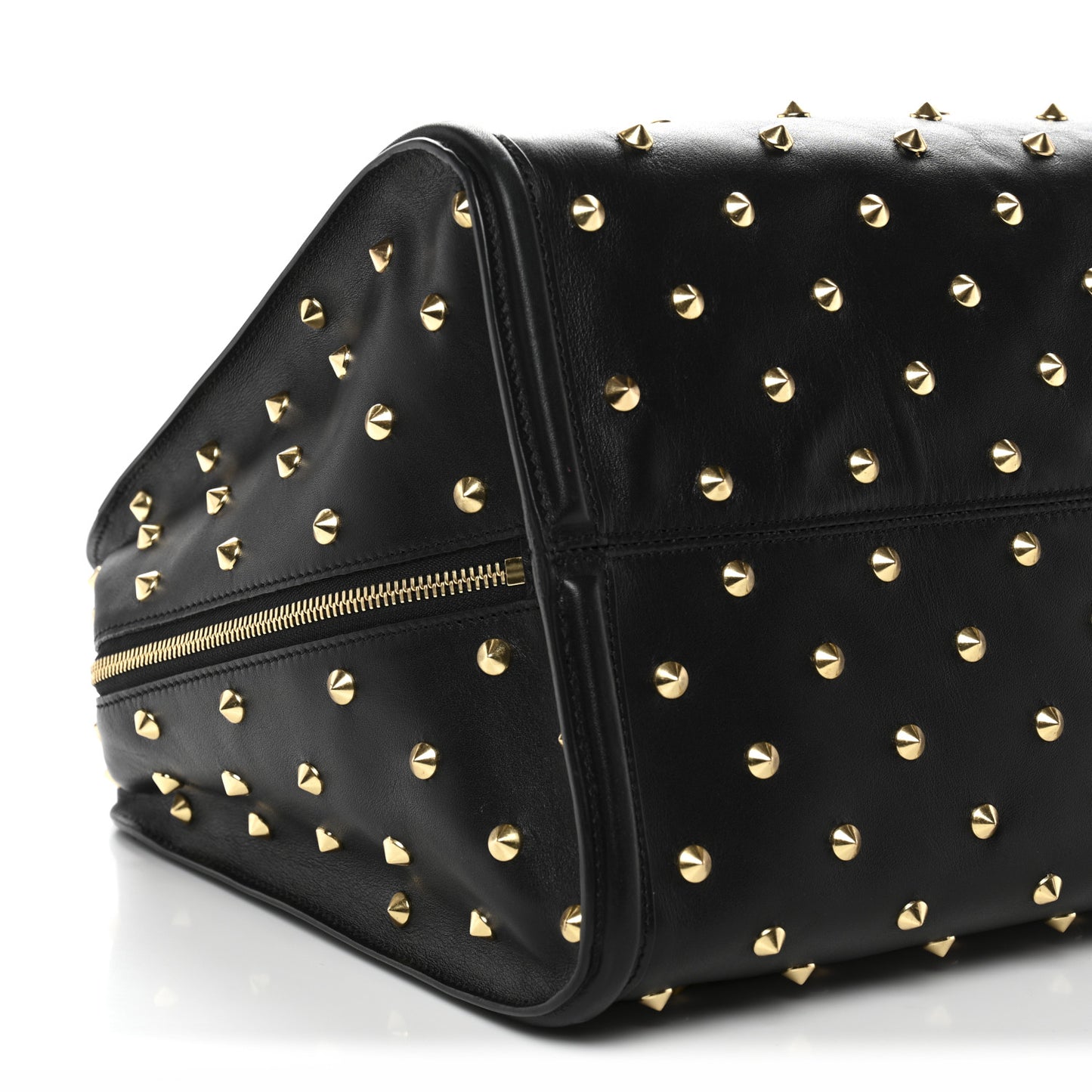 Calfskin Large Studded Padlock Zip Around Tote Black