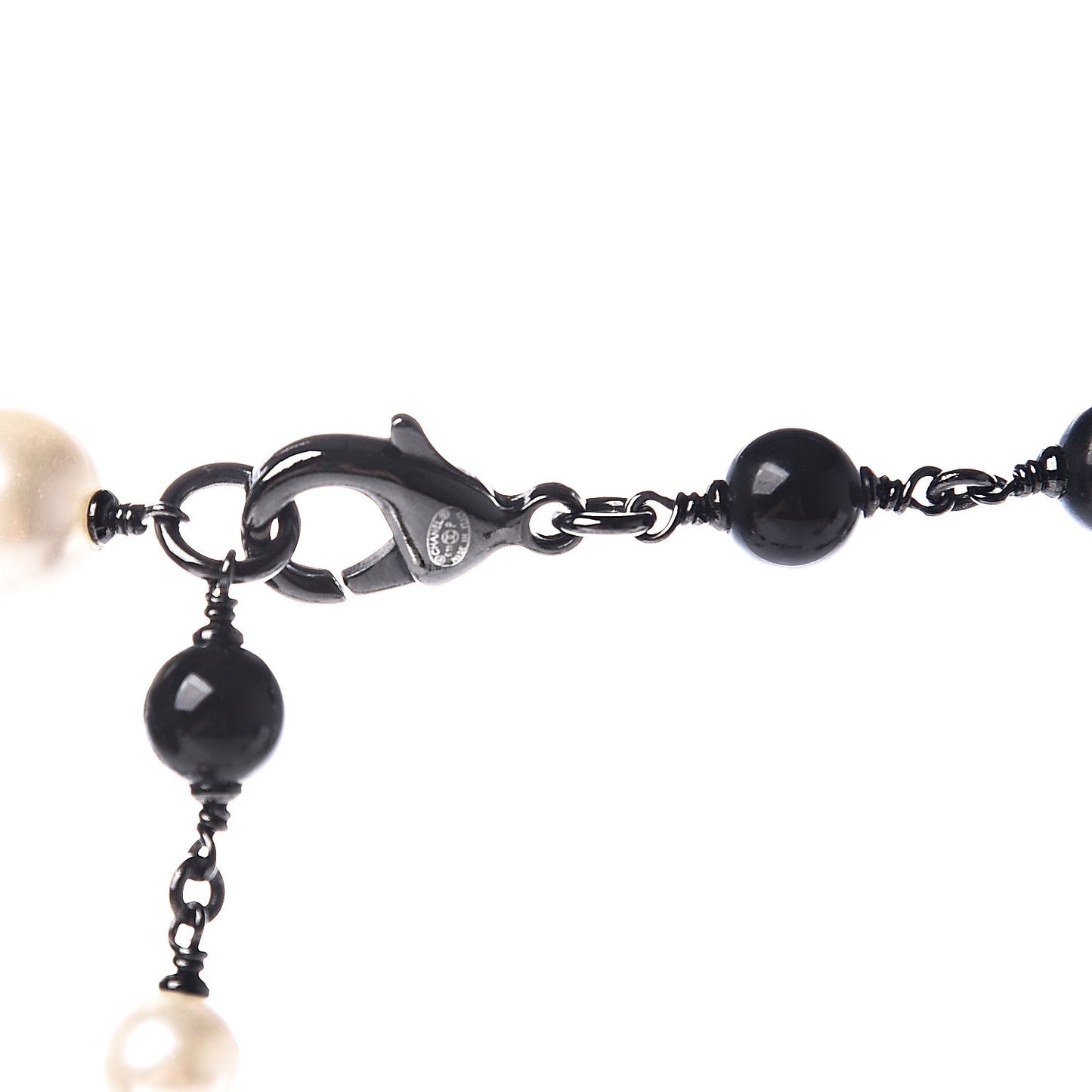 Pearl Beaded Crystal CC Long Necklace Black Silver