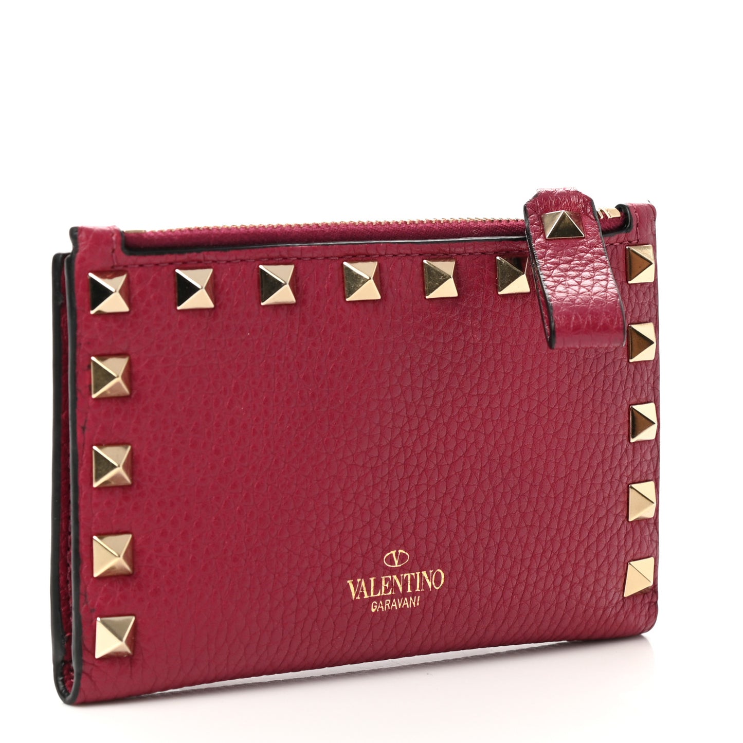Grainy Calfskin Rockstud Coin Purse Card Holder Red
