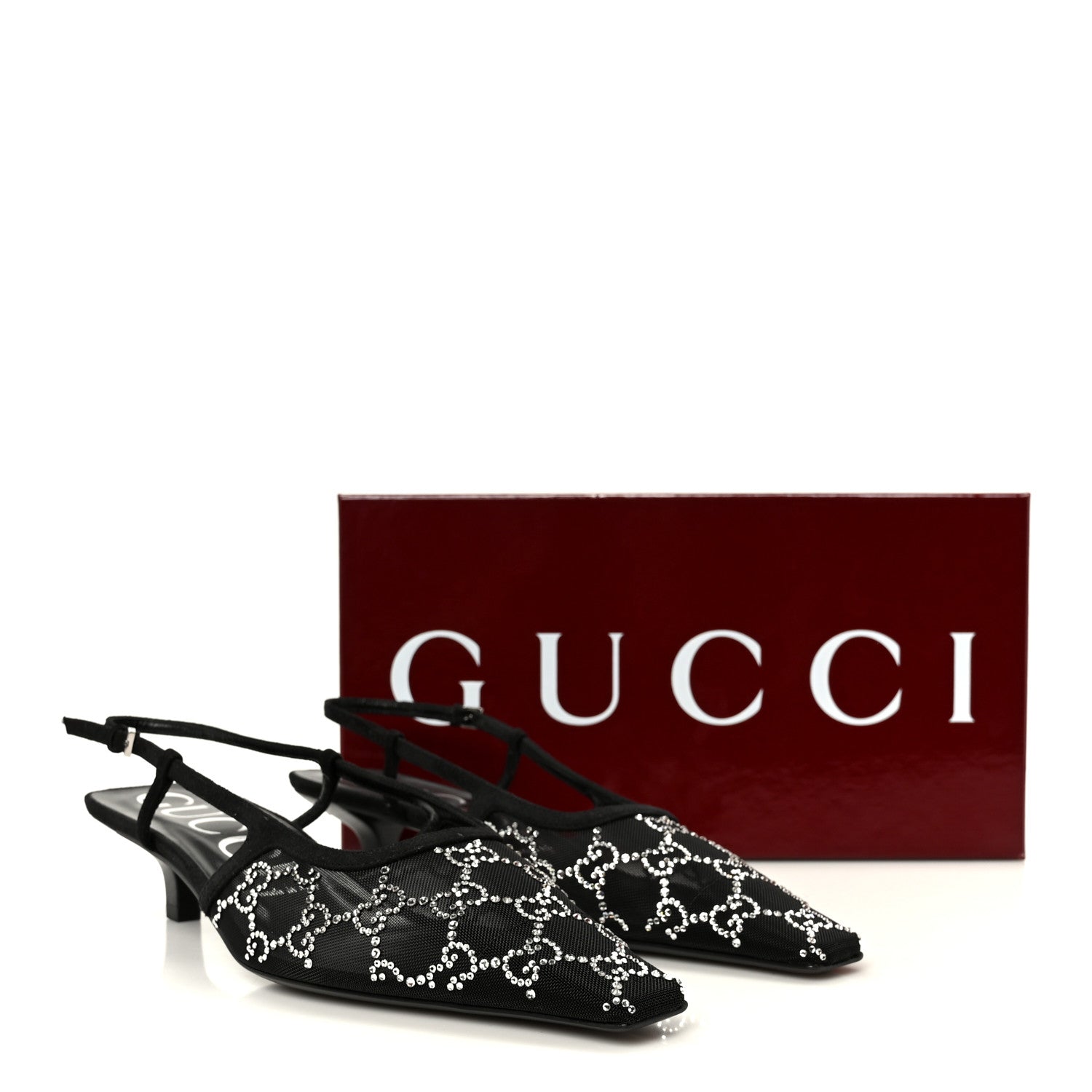 Gucci Tela Retino Kid Scamosciato Crystal GG Monogram Square G 35mm Slingback Pumps 39 Black 11 of 11