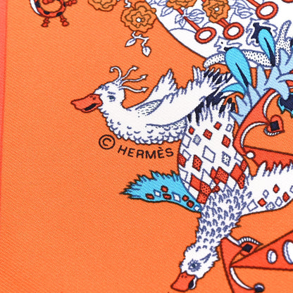 Hermes Silk La Folle Parade Zoom Pocket Square Orange Bleu White 3 of 4