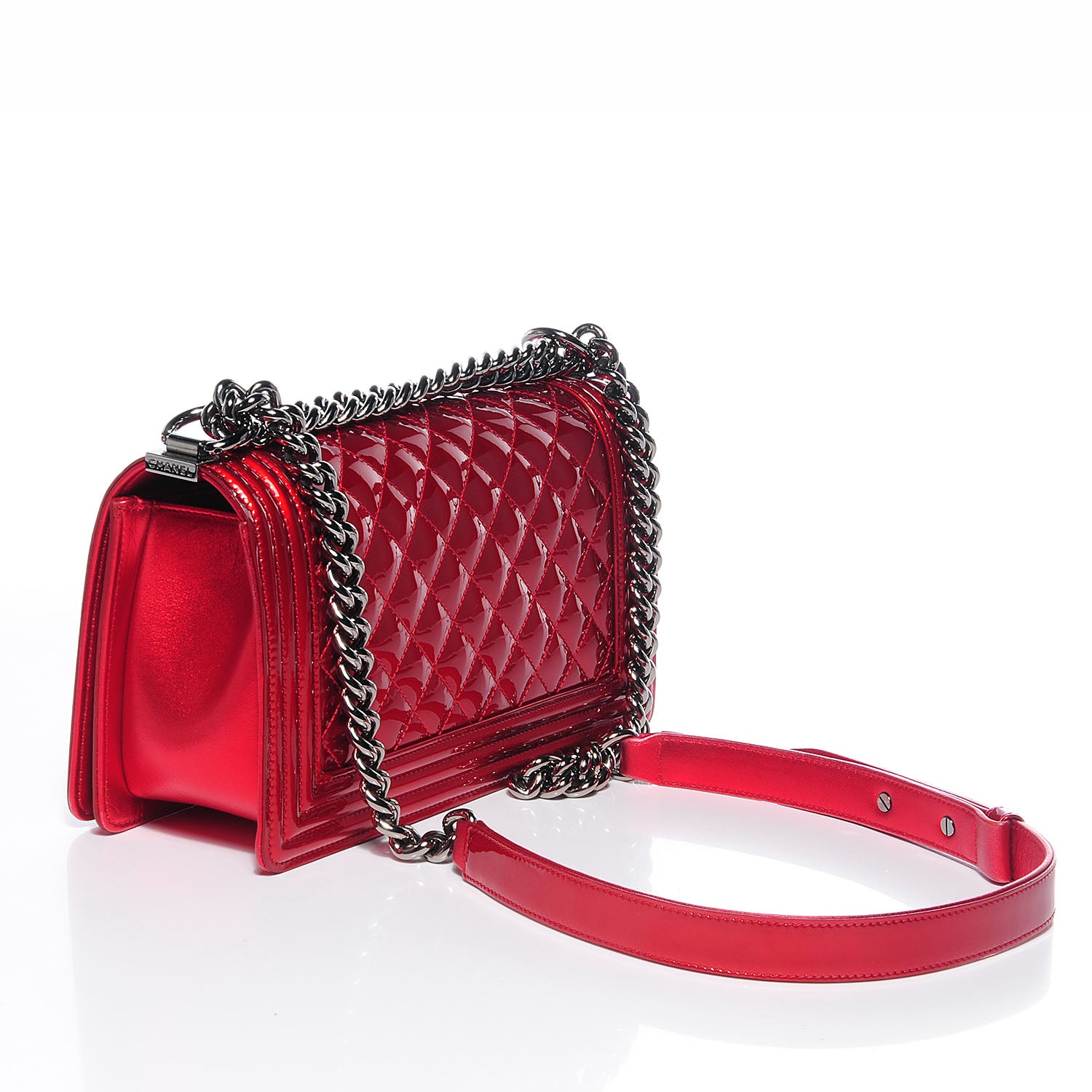Chanel Metallic Patent Quilted Medium Boy Flap Red 3 of 7