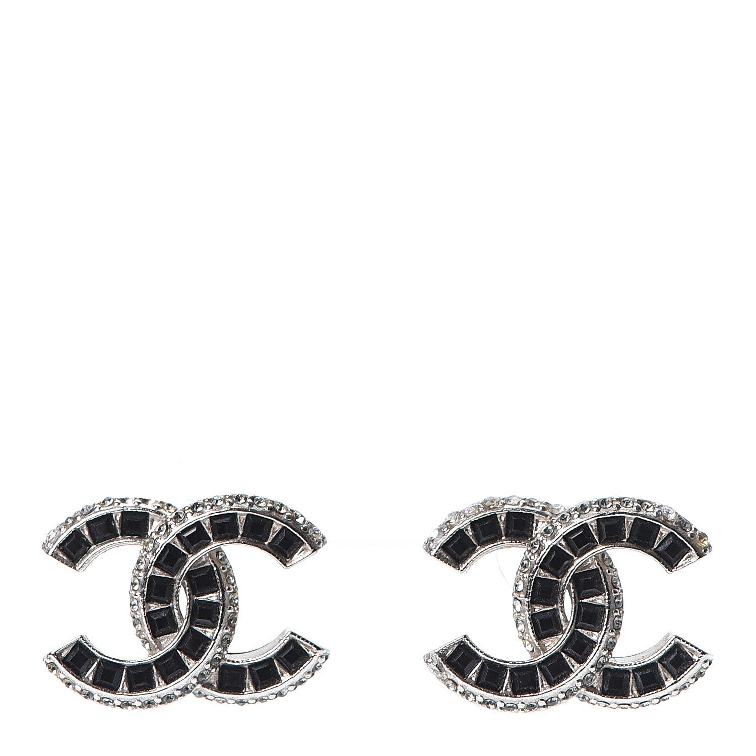 Chanel Baguette Crystal CC Earrings Black Silver 1 of 8