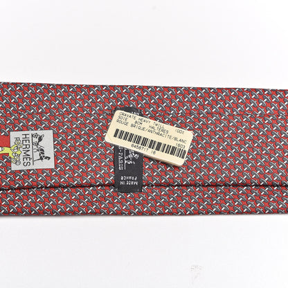 Hermes Printed Silk Heavy Twill Halteres Mens Neck Tie Rouge Brique Anthracite Blanc 4 of 4