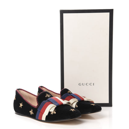 Gucci Velvet Bee Star Embroidered Sylvie Bow Loafers 37.5 Black 10 of 10