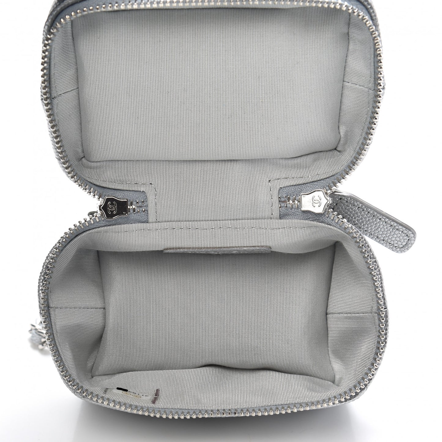 Metallic Caviar Quilted Mini Top Handle Vanity With Chain Silver