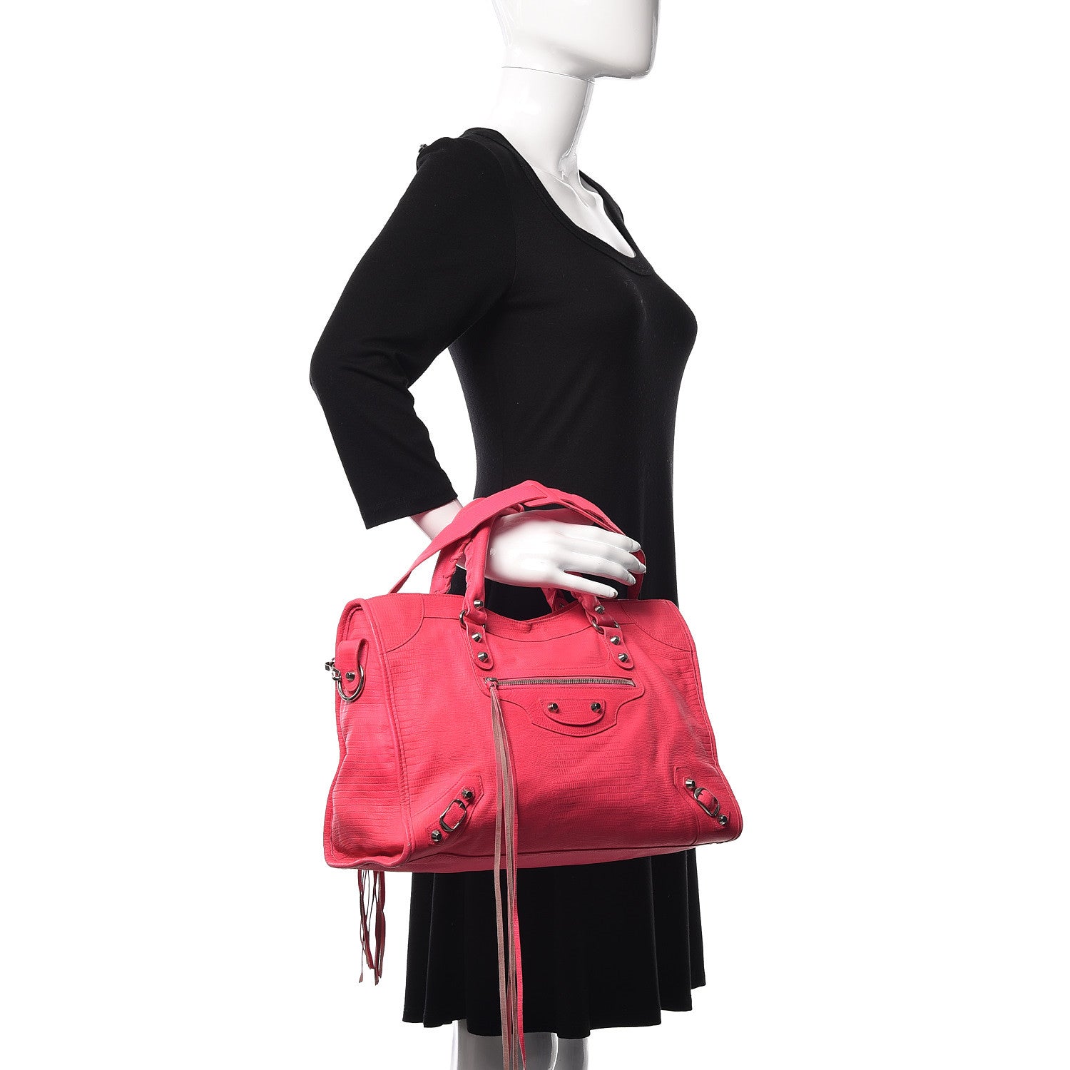 Balenciaga Calfskin Lizard Embossed Classic Silver Hardware City Rose Fluo 2 of 22