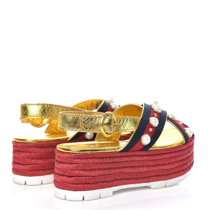 Gucci Metallic Nappa Silk Web Pearl Crossover Espadrille Platform Lug Sole Sandals 37 Gold 4 of 10