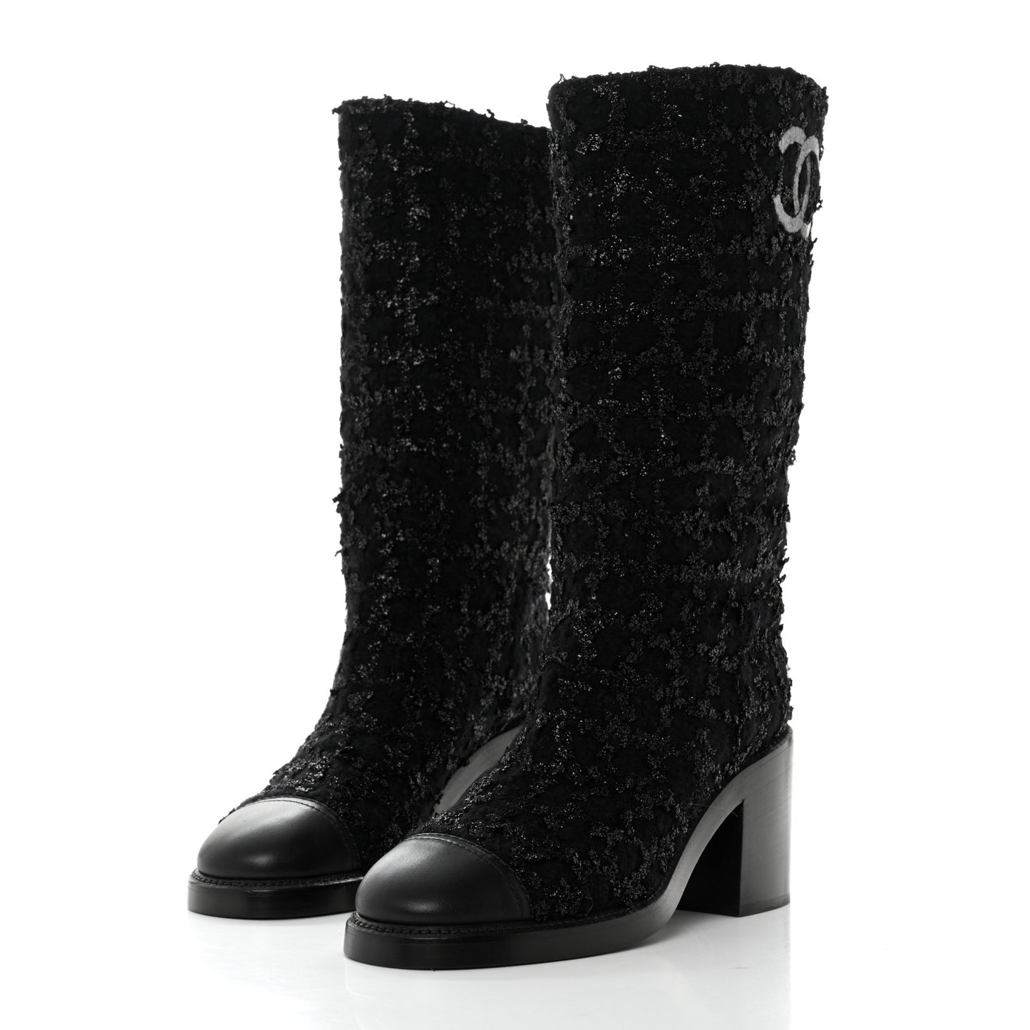 Iridescent Wool Silk Tweed Calfskin CC Cap Toe High Boots 39 Black