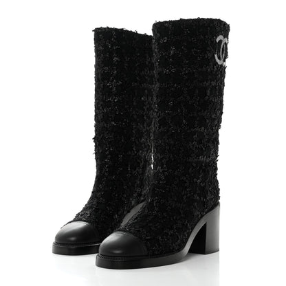 Chanel Iridescent Wool Silk Tweed Calfskin CC Cap Toe High Boots 39 Black 3 of 9