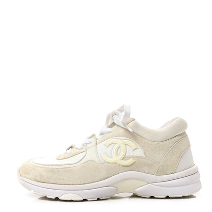 Chanel Suede Calfskin Fabric CC Sneakers 37.5 White 1 of 6