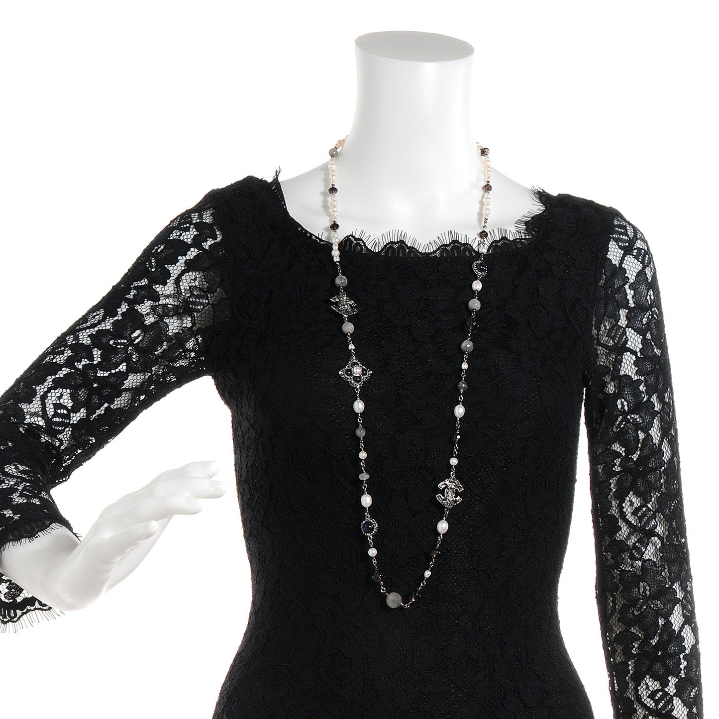 Beaded CC Pearl Long Necklace Ruthenium