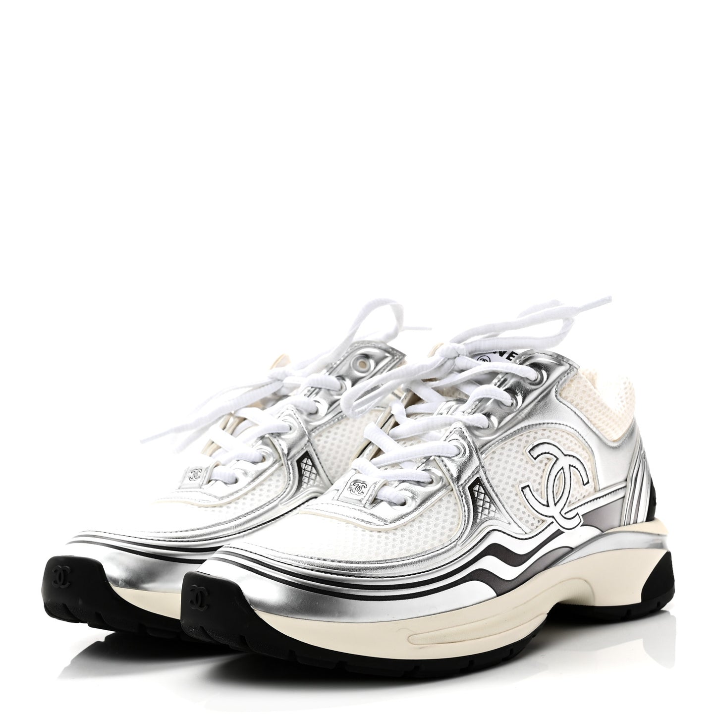 Fabric Laminated Calfskin Stretch CC Womens Sneakers 38 White Silver