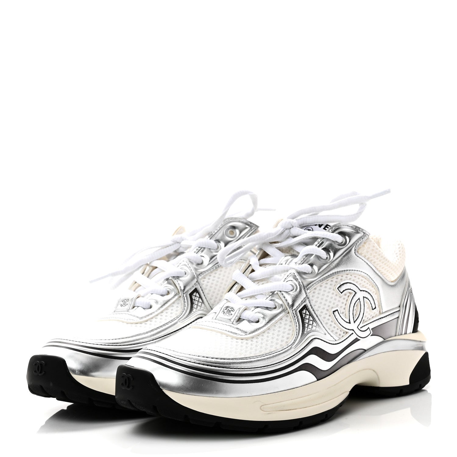 Chanel Fabric Laminated Calfskin Stretch CC Womens Sneakers 38 White Silver 3 of 9