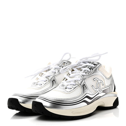 Chanel Fabric Laminated Calfskin Stretch CC Womens Sneakers 38 White Silver 3 of 9