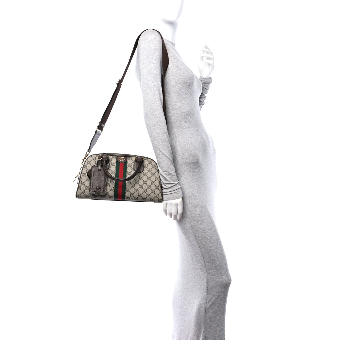 GG Supreme Monogram Textured Dollar Calfskin Web Medium Ophidia Top Handle Bowler Bag Beige Ebony New Acero