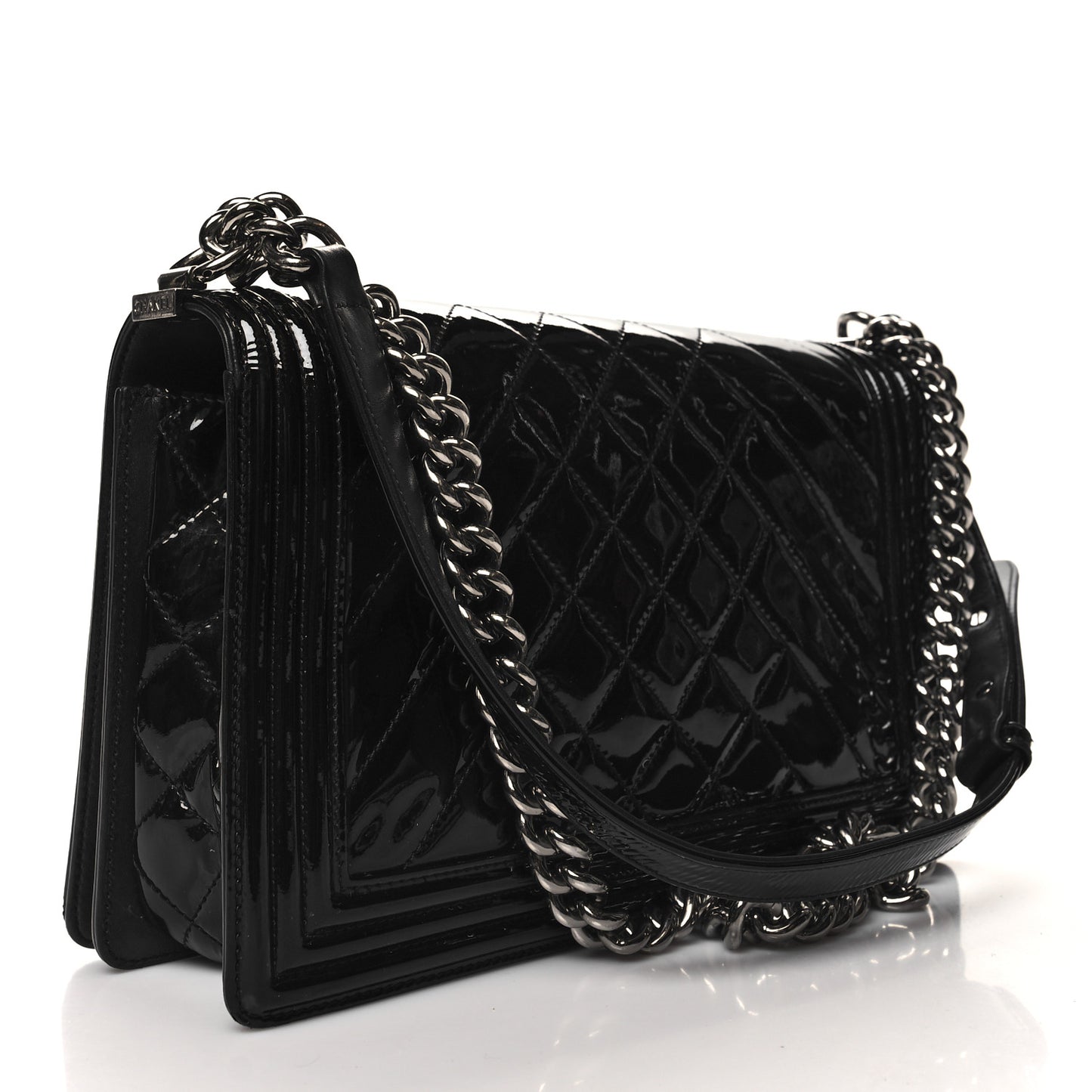 Patent Chevron Quilted New Medium Boy Flap Black