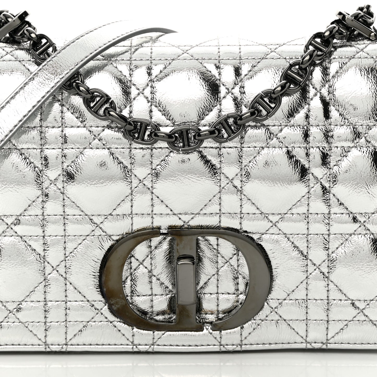 Metallic Calfskin Cannage Medium Caro Bag Argent